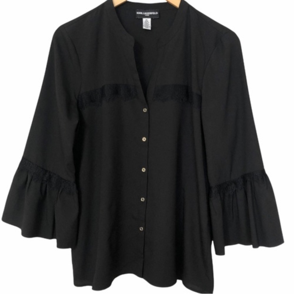 Karl Lagerfeld black satin bell 3/4 sleeve top M - Picture 1 of 6